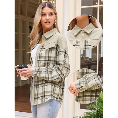 Corduroy Jacket for Women's Flannel Shacket Plaid Button Down Shirts Casual Jackets