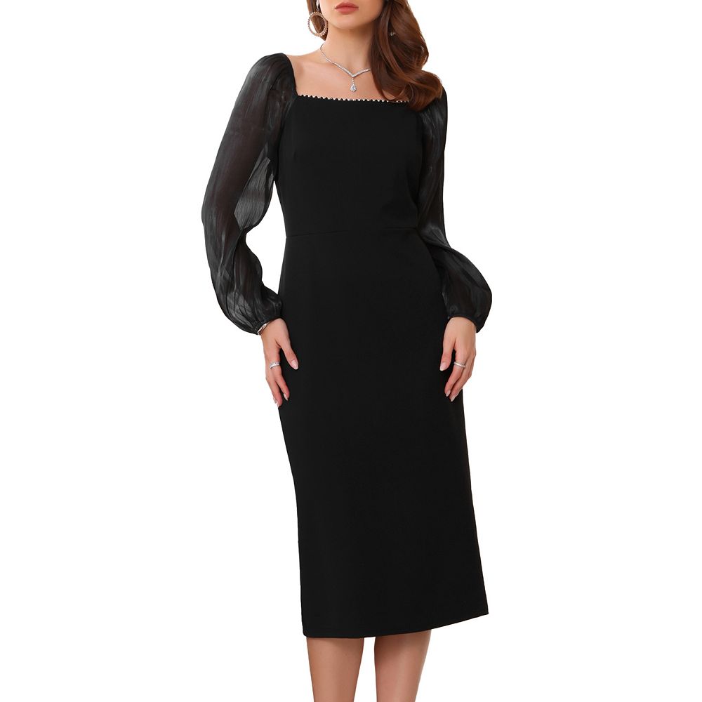 Women's Formal Dress Square Neck Mesh Long Sleeve Evening Cocktail Pencil Dresses