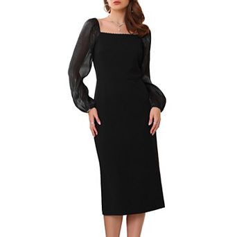 Women's Formal Dress Square Neck Mesh Long Sleeve Evening Cocktail Pencil Dresses