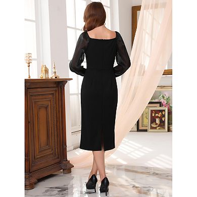 Women's Formal Dress Square Neck Mesh Long Sleeve Evening Cocktail Pencil Dresses