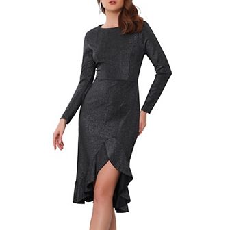 Women's Glitter Party Dress Crew Neck Long Sleeve Ruffles High Low Split Dress