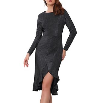 Women's Glitter Party Dress Crew Neck Long Sleeve Ruffles High Low Split Dress