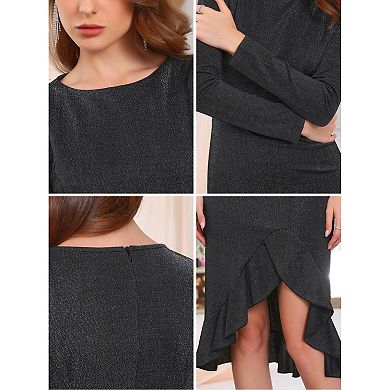 Women's Glitter Party Dress Crew Neck Long Sleeve Ruffles High Low Split Dress