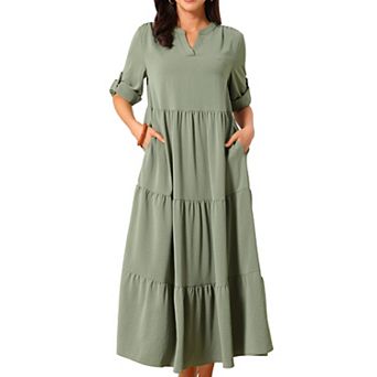 Women's 3/4 Sleeve Dress V Neck Tiered Loose Fit Midi Causal Dress with Pockets for Work Travel