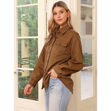 Faux Suede Jacket for Women's Turn-Down Collar Long Sleeve Casual Button Down Shirt Top