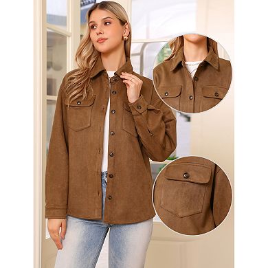 Faux Suede Jacket for Women's Turn-Down Collar Long Sleeve Casual Button Down Shirt Top