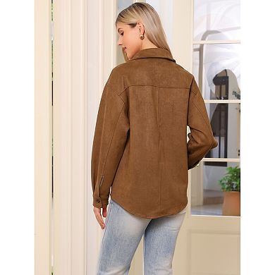 Faux Suede Jacket for Women's Turn-Down Collar Long Sleeve Casual Button Down Shirt Top