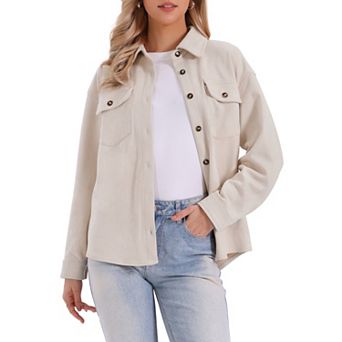 Faux Suede Jacket for Women's Turn-Down Collar Long Sleeve Casual Button Down Shirt Top