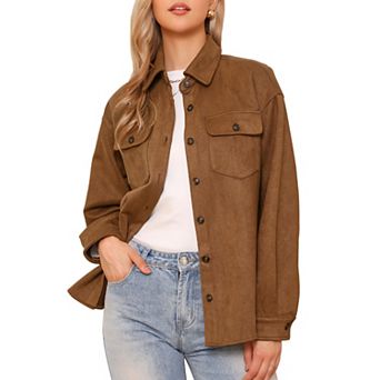 Faux Suede Jacket for Women's Turn-Down Collar Long Sleeve Casual Button Down Shirt Top