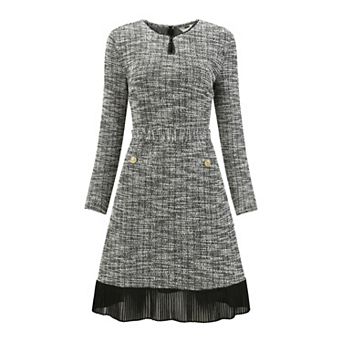 Women's A-Line Tweed Dress Long Sleeve Pleated Hem Belted Elegant Work Flare Dresses