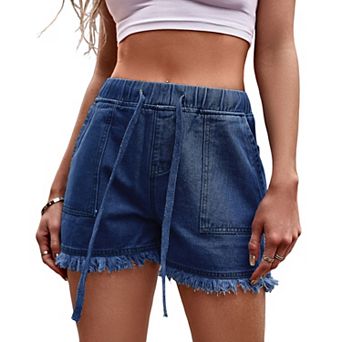 Women's Summer Jean Shorts Elastic Waist Drawstring Raw Hem Distressed Denim Shorts with Pockets