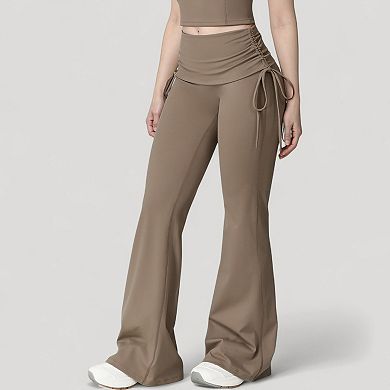 Women's Drawstring Ruched Waist Flared Leg Pants Stretch Fabric Active Yoga Lounge Bottoms