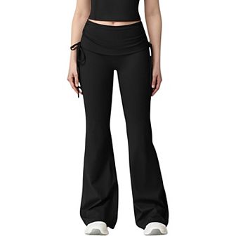 Women's Drawstring Ruched Waist Flared Leg Pants Stretch Fabric Active Yoga Lounge Bottoms