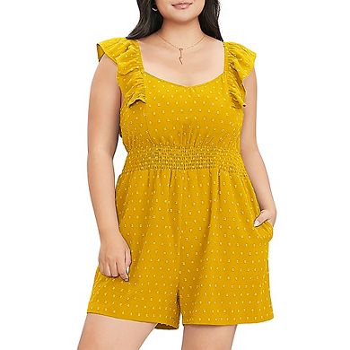 Women's Plus Size Rompers Summer Swiss Dot Sleeveless Short Jumpsuits with Pockets