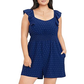Women's Plus Size Rompers Summer Swiss Dot Sleeveless Short Jumpsuits with Pockets