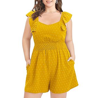 Women's Plus Size Rompers Summer Swiss Dot Sleeveless Short Jumpsuits with Pockets