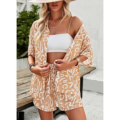 Women's 2 Piece Beach Outfits Button Down Short Sleeve Shirts and High Waist Shorts Lounge Sets
