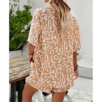 Women's 2 Piece Beach Outfits Button Down Short Sleeve Shirts and High Waist Shorts Lounge Sets