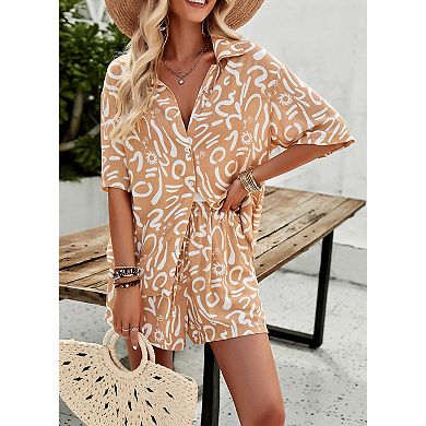 Women's 2 Piece Beach Outfits Button Down Short Sleeve Shirts and High Waist Shorts Lounge Sets