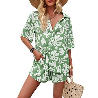 Women's 2 pc Beach Outfits Button Down Short Sleeve Shirts and High Waist Shorts Lounge Sets