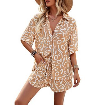 Women's 2 pc Beach Outfits Button Down Short Sleeve Shirts and High Waist Shorts Lounge Sets