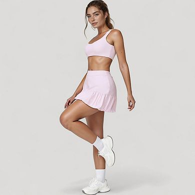 Women's Ruffle Hem High Waist Skort Built-In Shorts Stretch Waistband Flowy Lightweight Design