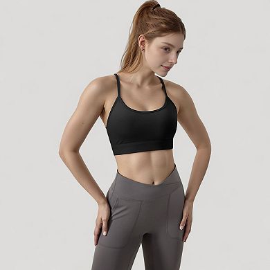 Women's Scoop Neck Sports Bra with Thin Straps Smooth Stretch Fabric Removable Pads