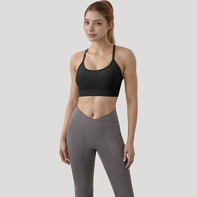 Women's Scoop Neck Sports Bra with Thin Straps Smooth Stretch Fabric Removable Pads