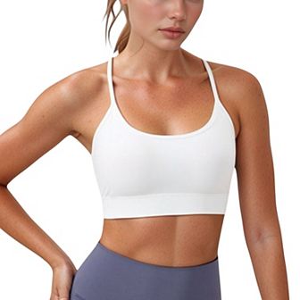Women's Scoop Neck Sports Bra with Thin Straps Smooth Stretch Fabric Removable Pads