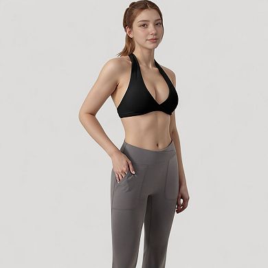 Women's Halter Neck Sports Bra with Ruched Front Detail Low Impact Stretch Fabric Removable Padding