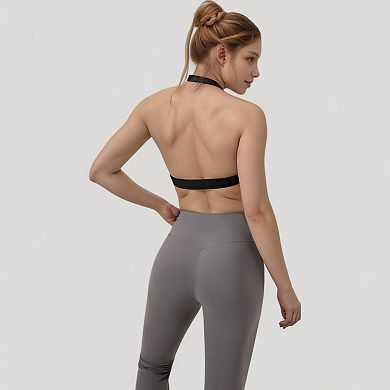 Women's Halter Neck Sports Bra with Ruched Front Detail Low Impact Stretch Fabric Removable Padding