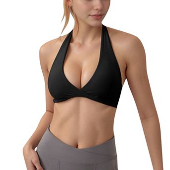 Women's Halter Neck Sports Bra with Ruched Front Detail Low Impact Stretch Fabric Removable Padding