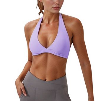 Women's Halter Neck Sports Bra with Ruched Front Detail Low Impact Stretch Fabric Removable Padding