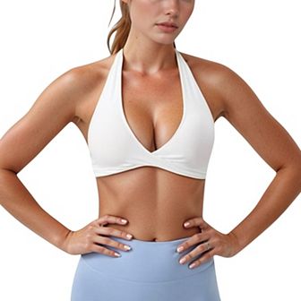 Women's Halter Neck Sports Bra with Ruched Front Detail Low Impact Stretch Fabric Removable Padding