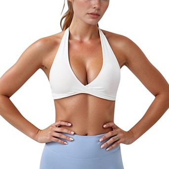 Women's Halter Neck Sports Bra with Ruched Front Detail Low Impact Stretch Fabric Removable Padding