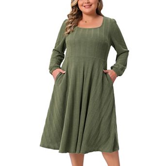 Plus Size Knit Dress for Women Square Neck Long Sleeve Casual Flowy A Line Midi Dresses with Pockets