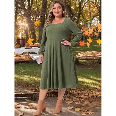 Plus Size Knit Dress for Women Square Neck Long Sleeve Casual Flowy A Line Midi Dresses with Pockets