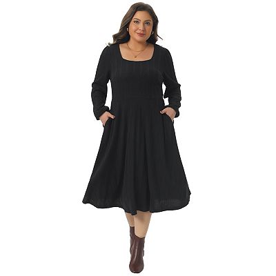 Plus Size Knit Dress for Women Square Neck Long Sleeve Casual Flowy A Line  Midi Dresses with Pockets
