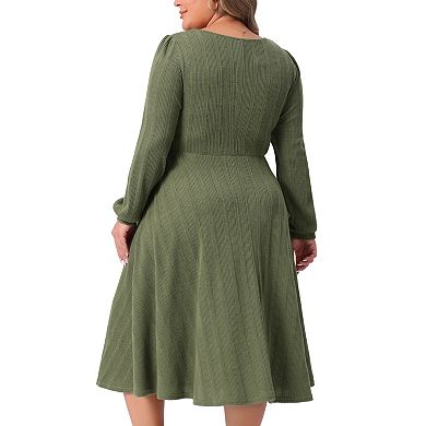 Plus Size Knit Dress for Women Square Neck Long Sleeve Casual Flowy A Line Midi Dresses with Pockets