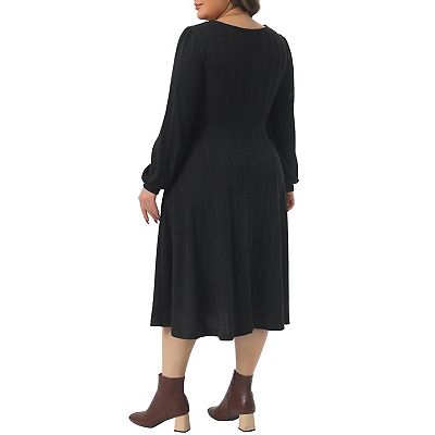 Plus Size Knit Dress for Women Square Neck Long Sleeve Casual Flowy A Line  Midi Dresses with Pockets
