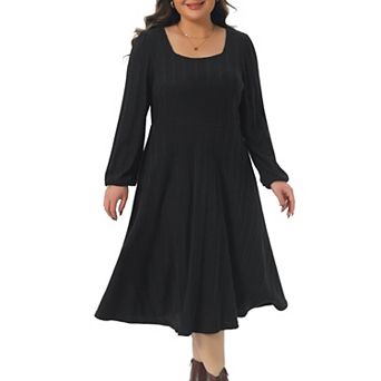 Plus Size Knit Dress for Women Square Neck Long Sleeve Casual Flowy A Line Midi Dresses with Pockets