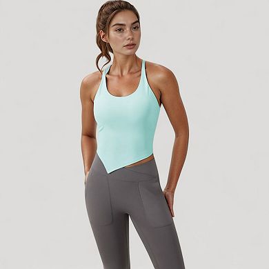 Women's Scoop Neck Racerback Tank Top with Handkerchief Hem and Built-In Shelf Bra