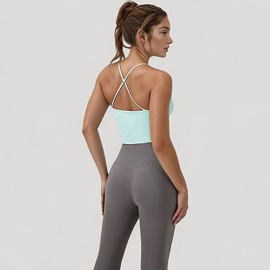 Women's Scoop Neck Racerback Tank Top with Handkerchief Hem and Built-In Shelf Bra