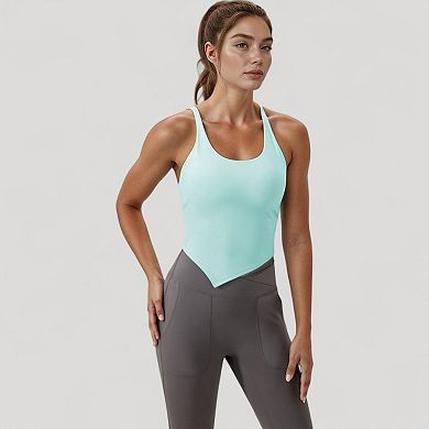 Women's Scoop Neck Racerback Tank Top with Handkerchief Hem and Built-In Shelf Bra