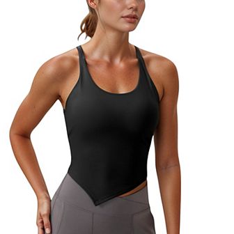 Women's Scoop Neck Racerback Tank Top with Handkerchief Hem and Built-In Shelf Bra