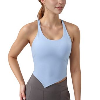 Women's Scoop Neck Racerback Tank Top with Handkerchief Hem and Built-In Shelf Bra