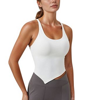 Women's Scoop Neck Racerback Tank Top with Handkerchief Hem and Built-In Shelf Bra