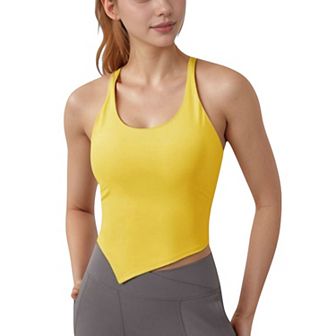 Women's Scoop Neck Racerback Tank Top with Handkerchief Hem and Built-In Shelf Bra
