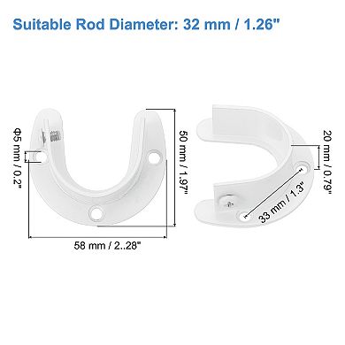 2Pcs U Shaped Flange Closet Holder, Closet Rod End Supports Rod Bracket for 32mm Diameter Rod, White