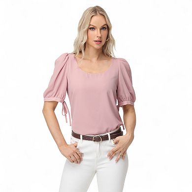 Women's Short Puff Sleeve Blouse with Scoop Neckline and Tie Cuff Detail